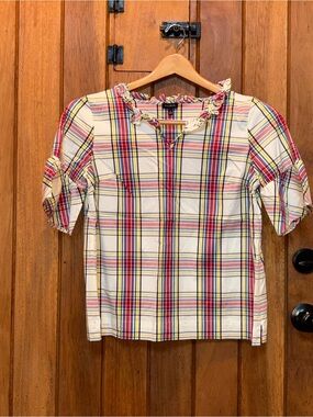 Talbots Plaid Ruffle Collar Short Sleeve Top - Red, Blue, Yellow